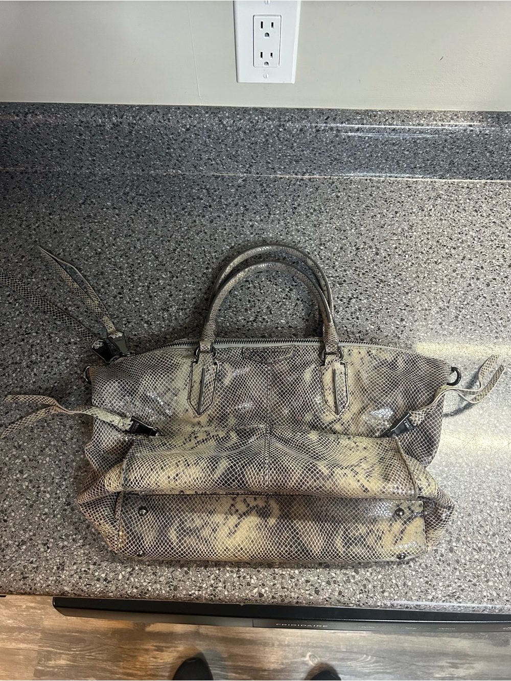Aimee Kestenberg Snake-Embossed Tote in Beige and Black